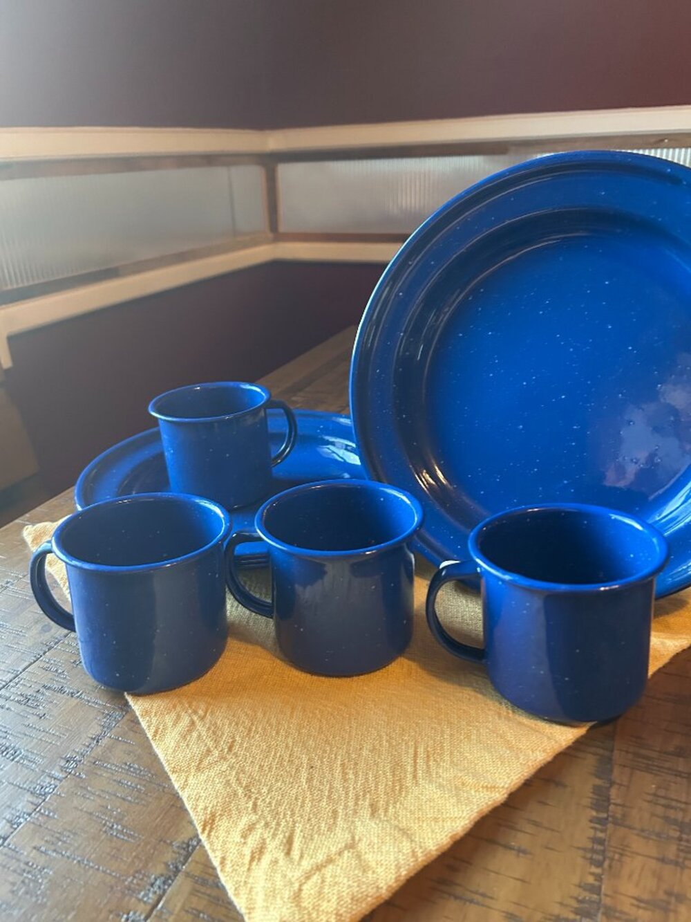 Blue Speckled Metal Enamelware Dinner Plate and mug   for camping/ picnic  set o